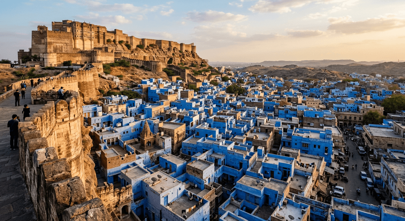 Blue houses of Jodhpur beneath Mehrangarh Fort