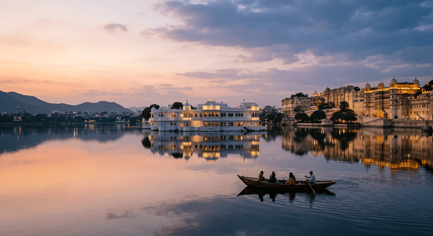 Lake Pichola and the City Palace of Udaipur at dusk