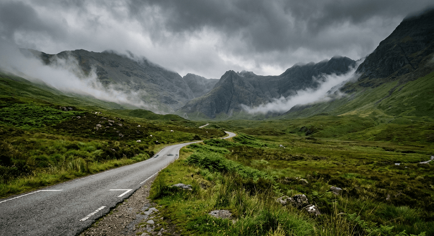 Single-track road through a misty Scottish glen