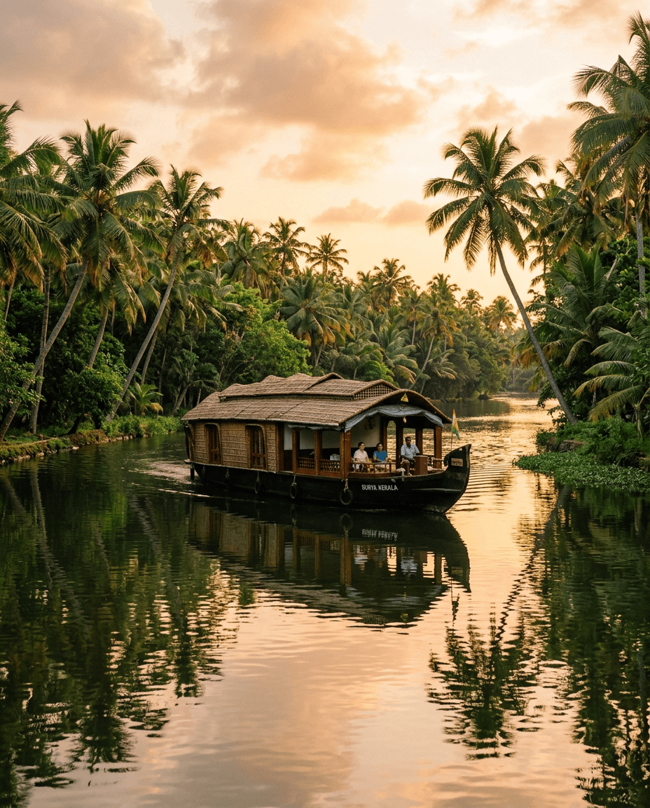 Houseboat gliding along palm-lined Kerala backwaters