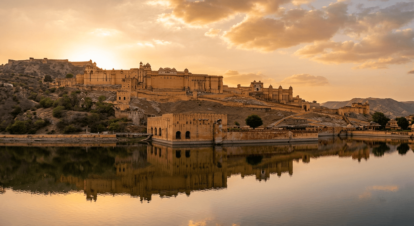 Ornate pink sandstone palace facade in Jaipur
