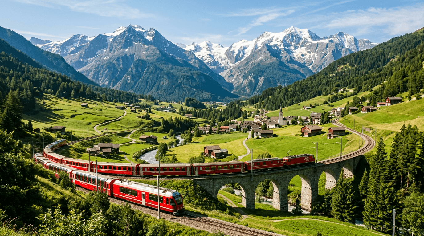 Red Swiss train crossing a viaduct through alpine scenery