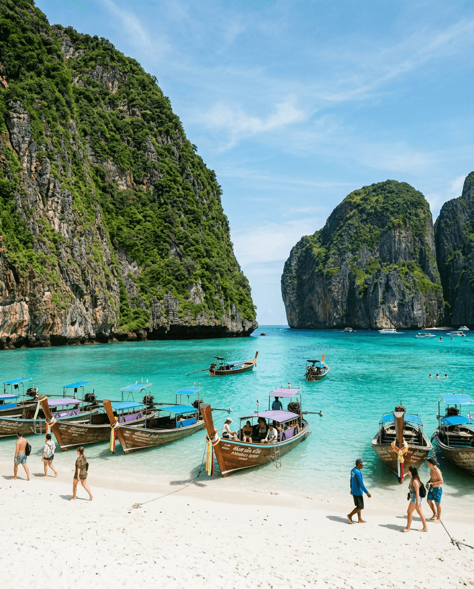 Longtail boat on clear water beneath limestone cliffs in Krabi