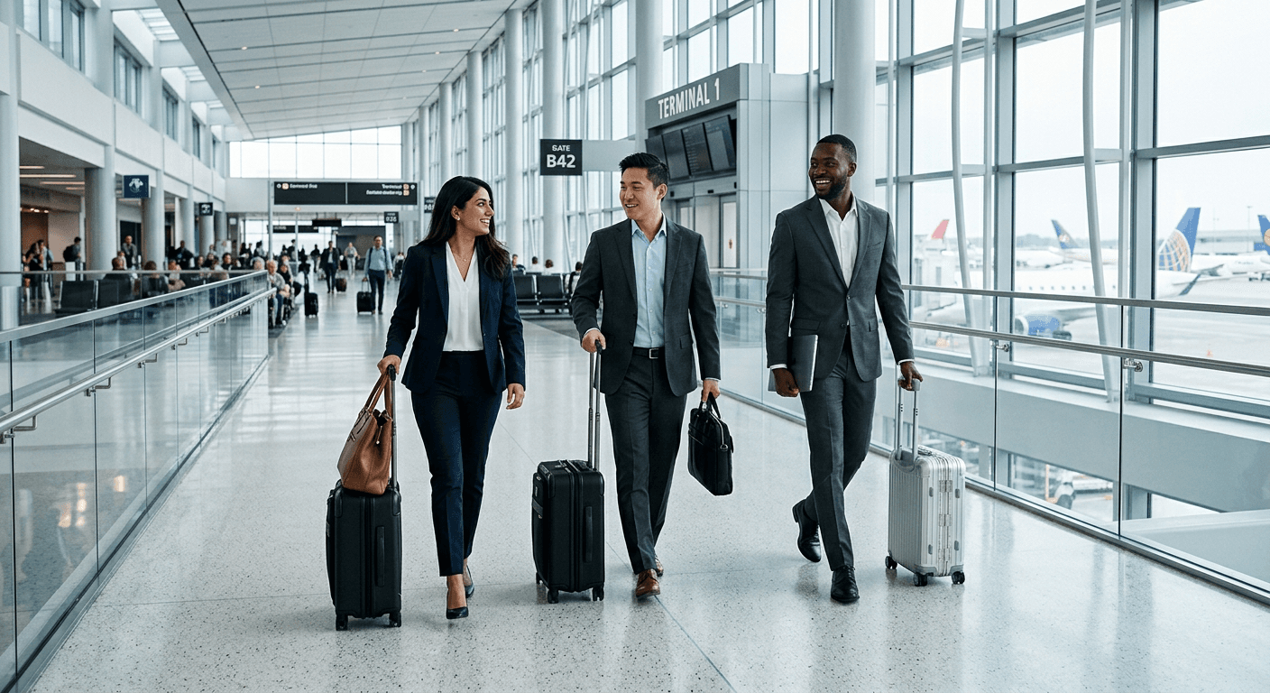 Business travelers with carry-on bags walking through a modern airport terminal