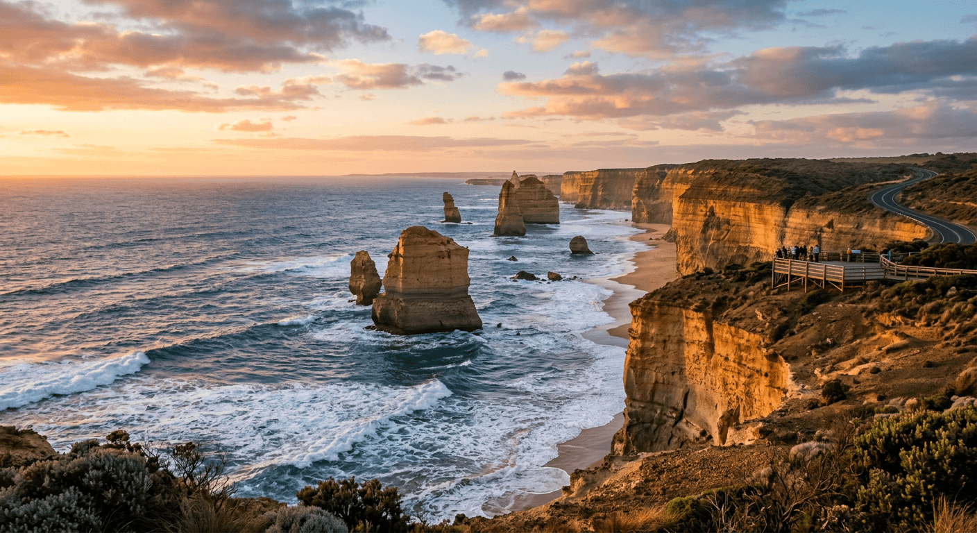 Twelve Apostles along the Great Ocean Road at golden hour