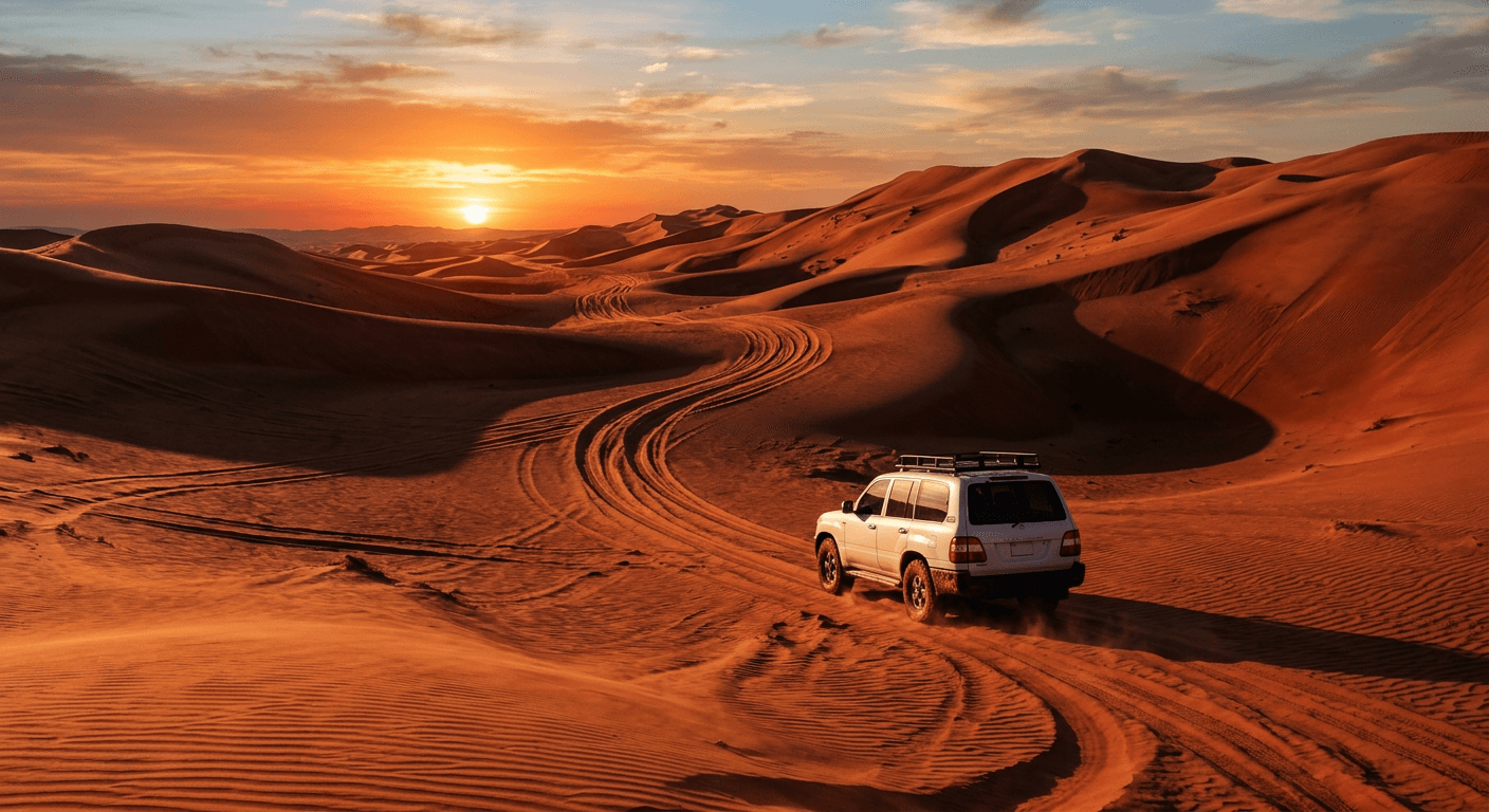 Red sand dunes in the Dubai desert at sunset