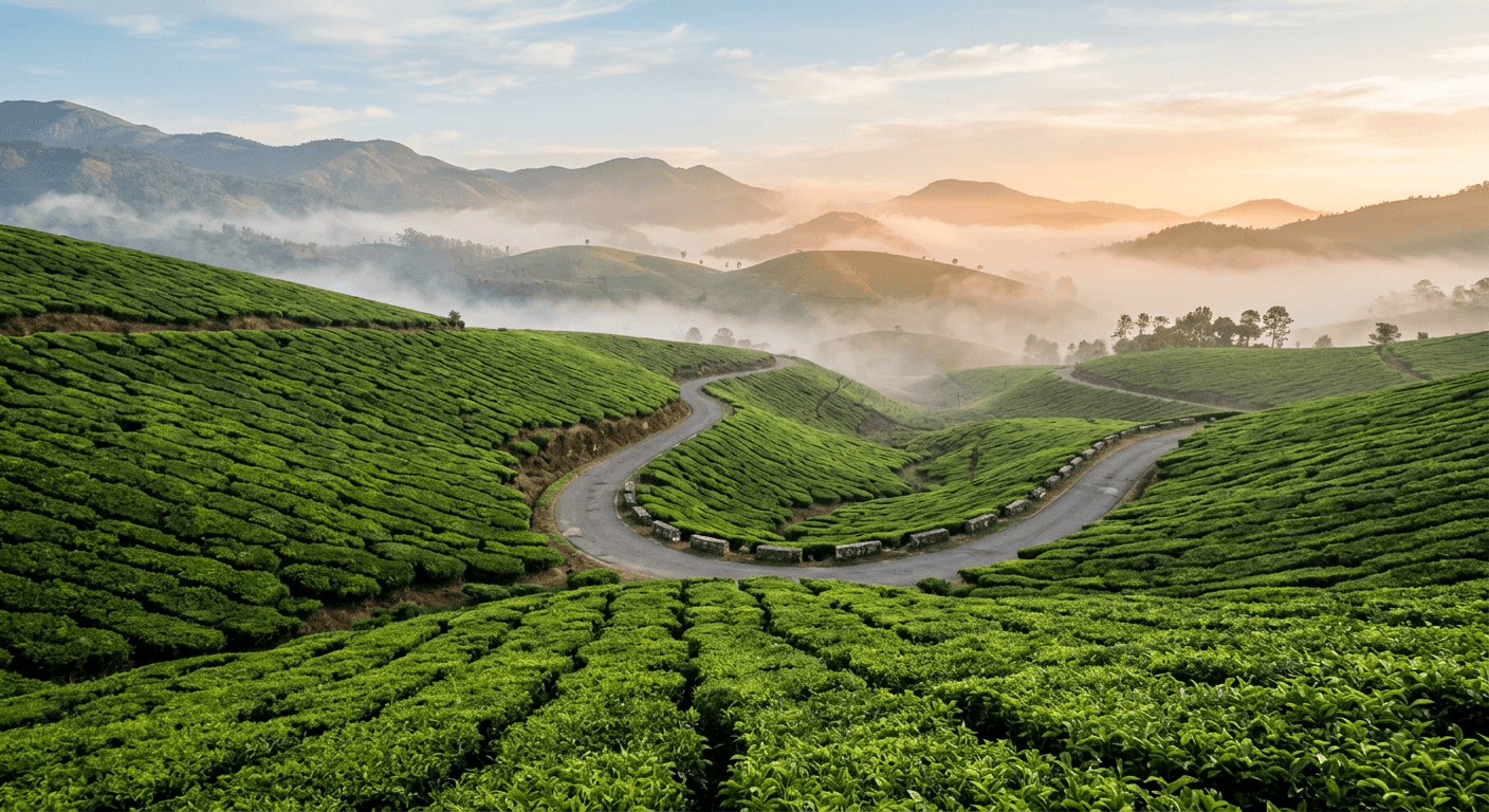 Tea plantations rolling over the hills of Munnar