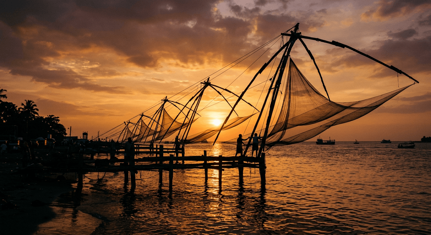 Chinese fishing nets on the Kochi waterfront at sunset