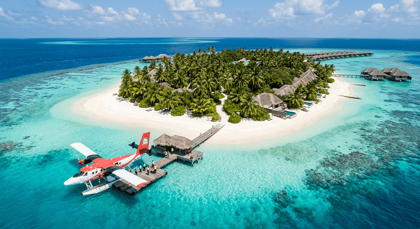 Seaplane on turquoise water beside a resort island