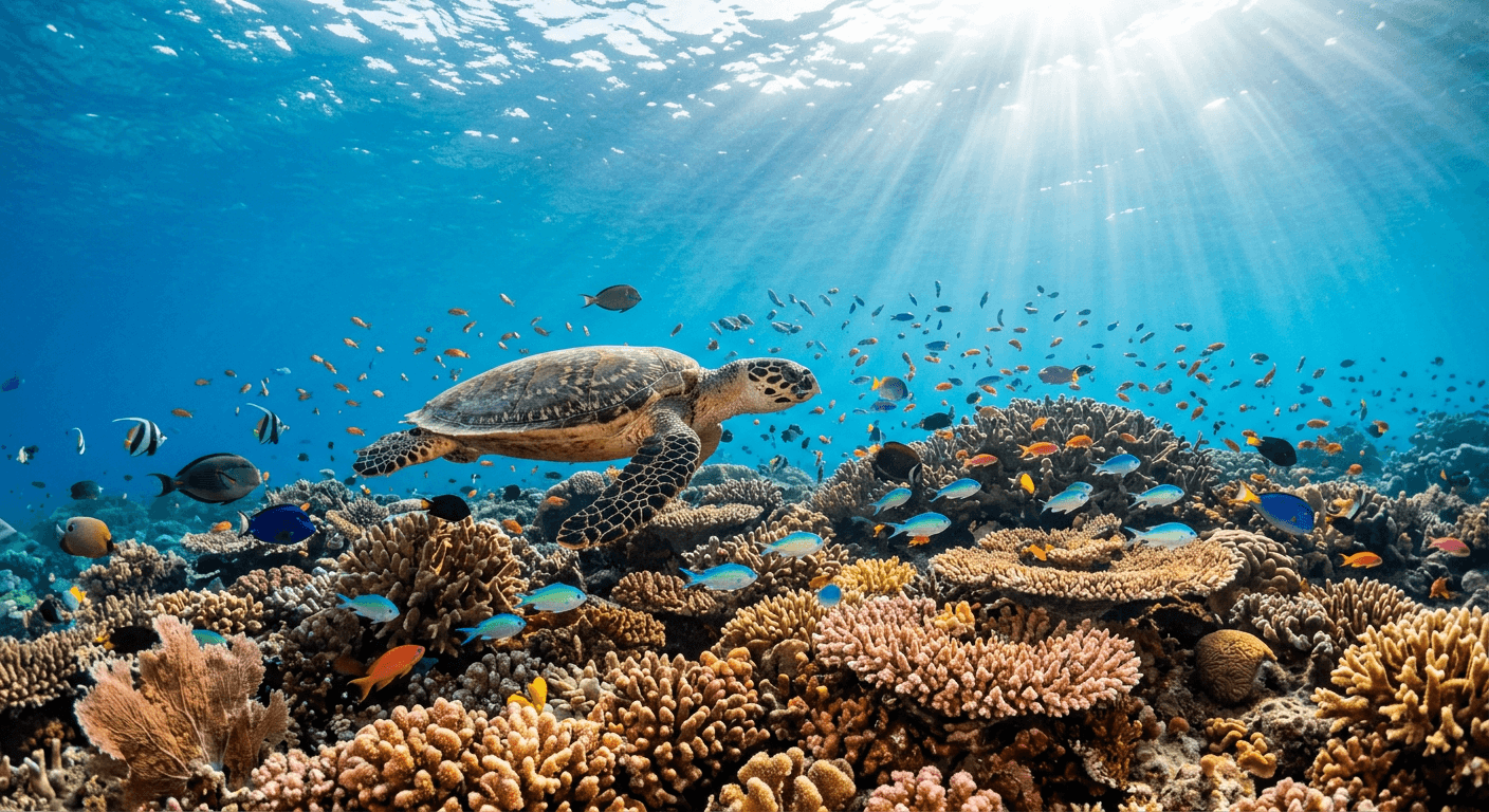 Sea turtle swimming over a coral reef