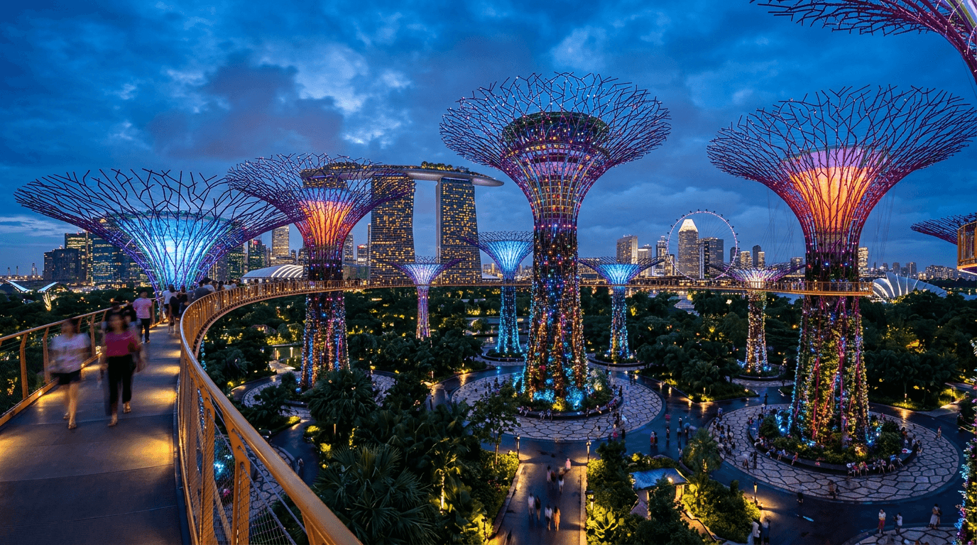 Supertree Grove at Gardens by the Bay lit up at night