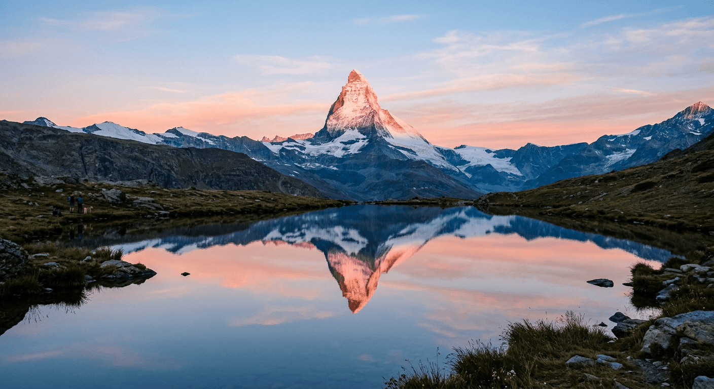 The Matterhorn reflected in an alpine lake at sunrise
