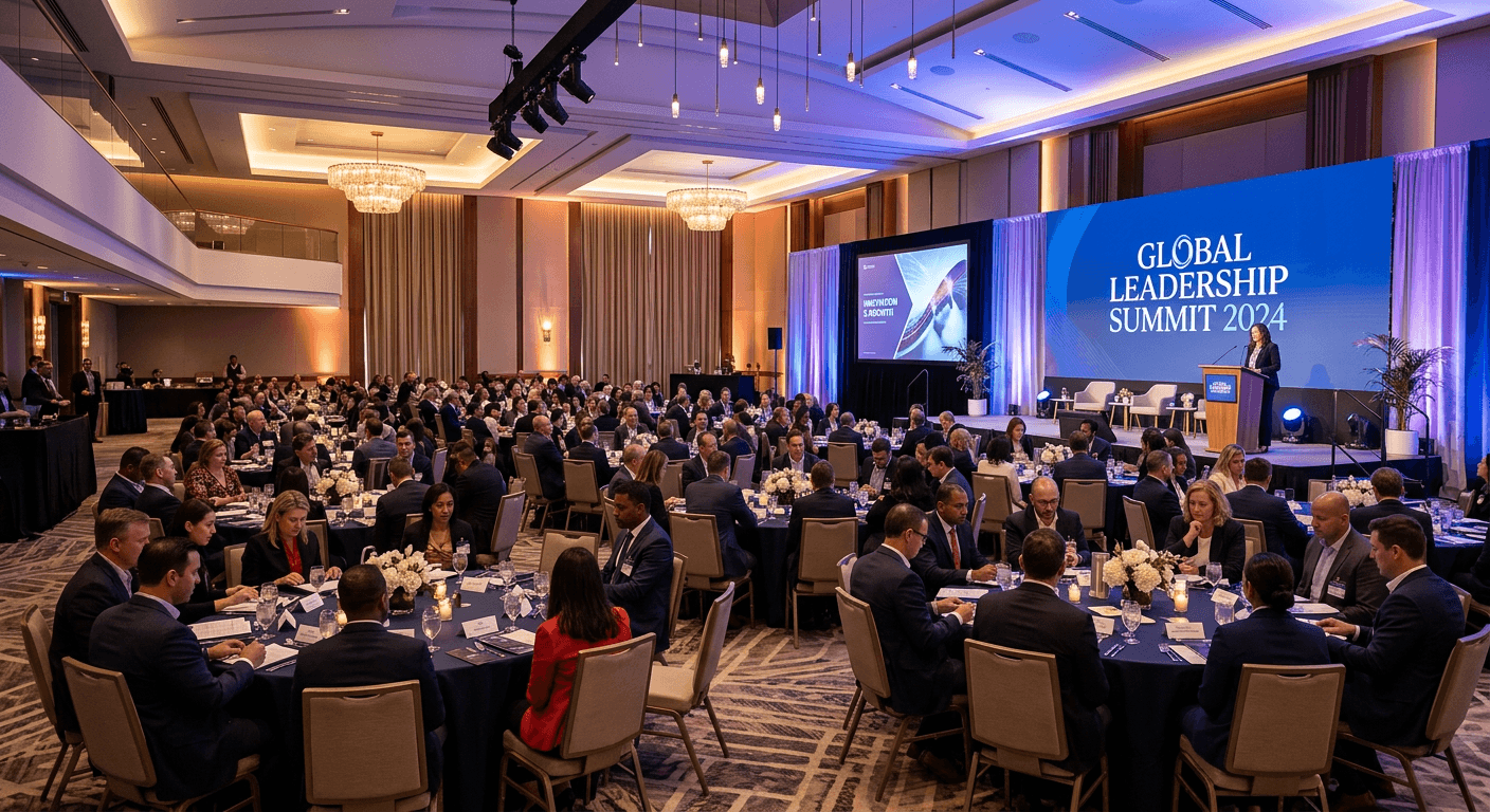Attendees seated at round tables in a hotel ballroom during a corporate conference